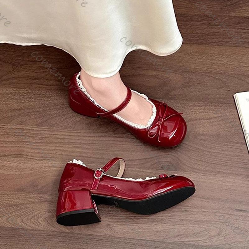 Fashion Comemore Bow Temperament High Heels Ballet Ladies Leather Shoes Retro Lace Edge Thick Middle Heel Pumps Mary Janes for Women