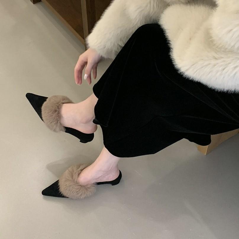 2025 Autumn and Winter New Pointed Head Thin Heel European and American Fashion Bag Head High Heel Fluffy Slippers High Sense Plush Shoes Women