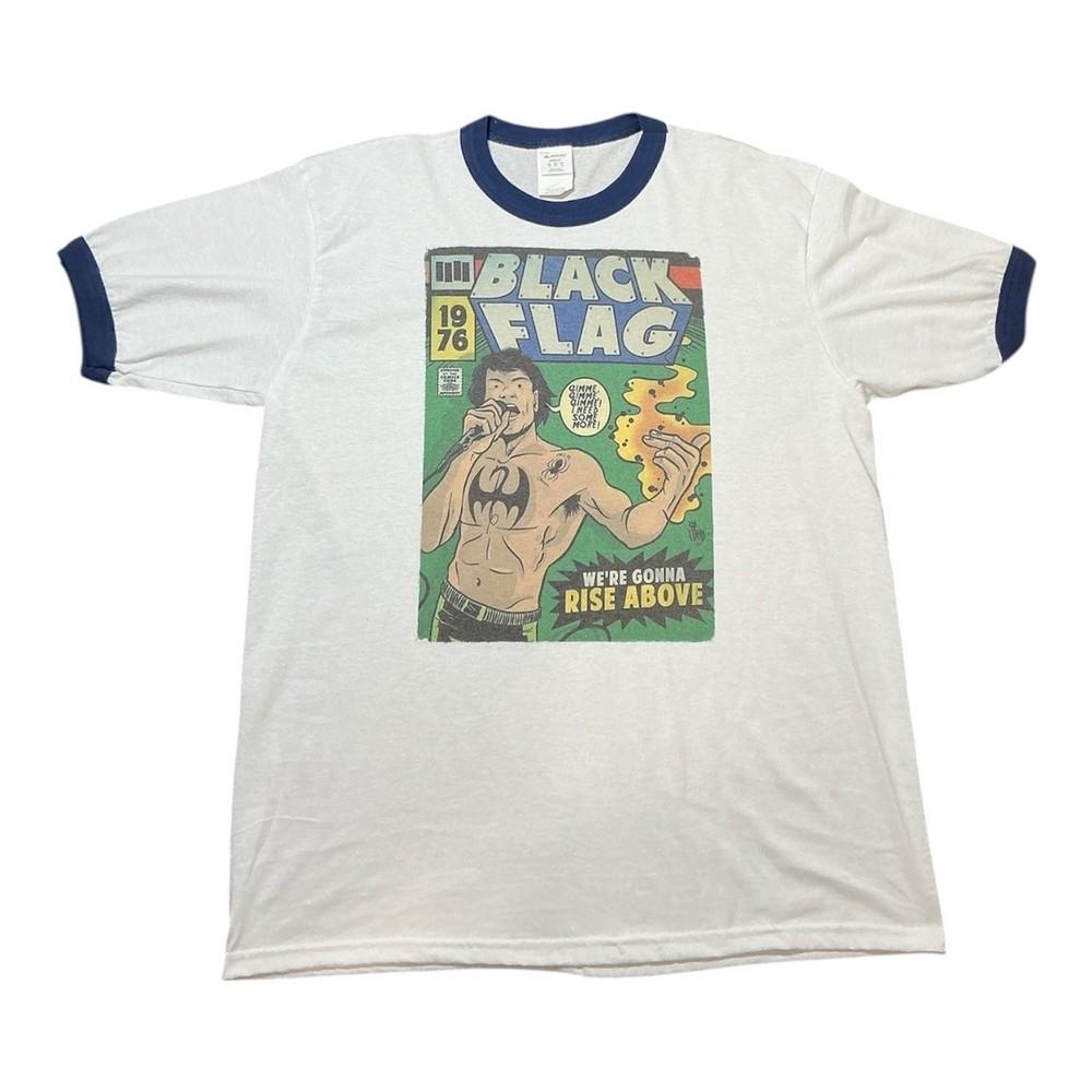 

Black Flag Rise Above Graphic Ringer Tee Mens White Navy Blue Punk Shirt 2XL Unisex T-Shirt XXL