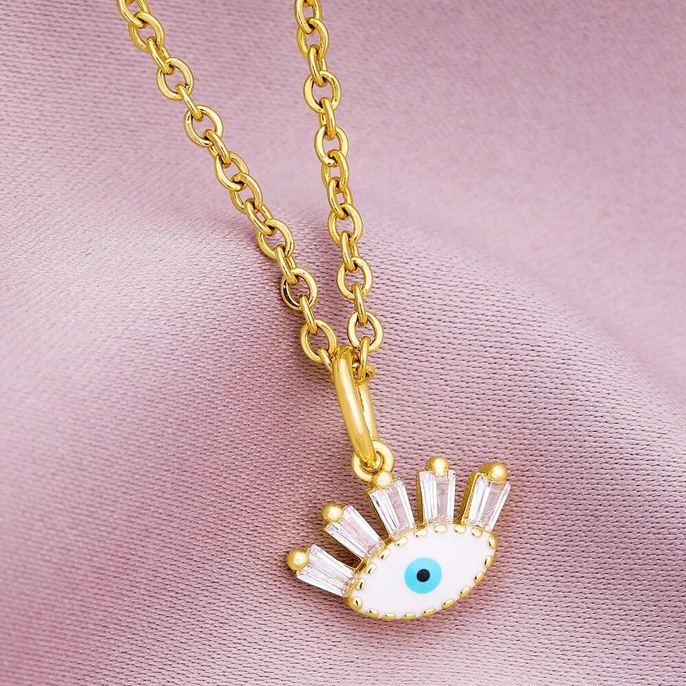 

Турецкое ожерелье Lucky Evil Eye, женское 5 стилей, CZ Eyes, женский шарм, модная эмалированная цепочка из нержавеющей стали, ожерелье, ювелирное изделие, подарок White color45cm