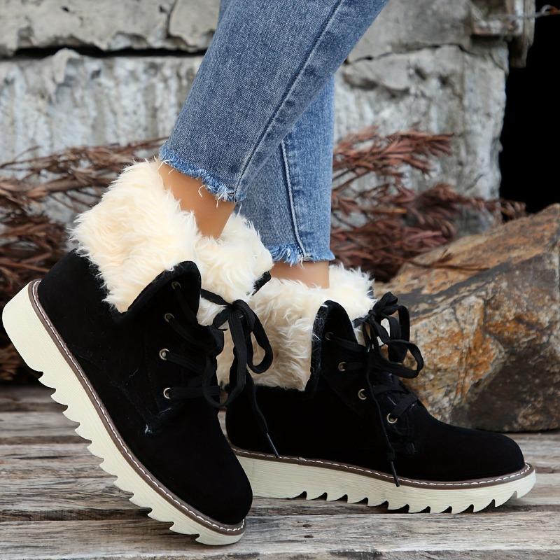 Women's Fleece-Lined Winter Boots with Plush Collar - Lace-Up Round Toe Flat Sole Ankle Bootie