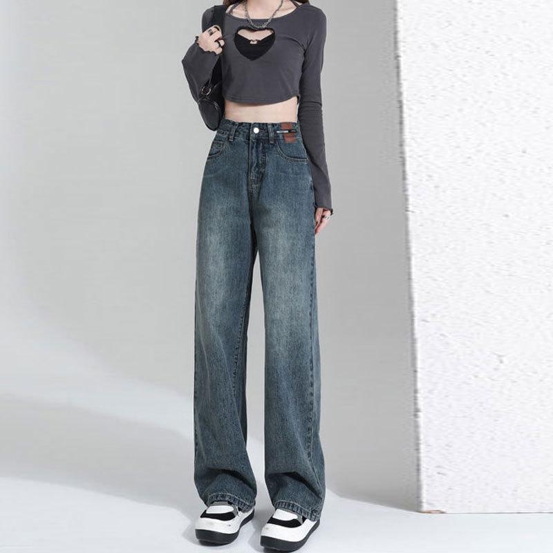 

Ностальгические женские джинсы ретро с высокой посадкой и прямыми штанинами - Шикарный корейский стиль с кожаной этикеткой Double Extra Large