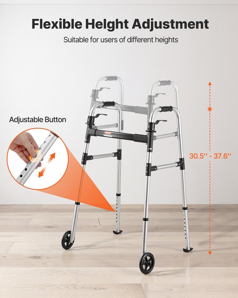 Folding Walker, 2-Button Foldable Walker with Solid Wheels & 8-Level Adjustable Height, 159KG Loading Lightweight Aluminum Mobility Walking Aid,