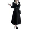 French Retro Temperament Waist Black Fake Two-piece Long-sleeved Dress College Style Thin Medium and Long Hepburn Style Skirt