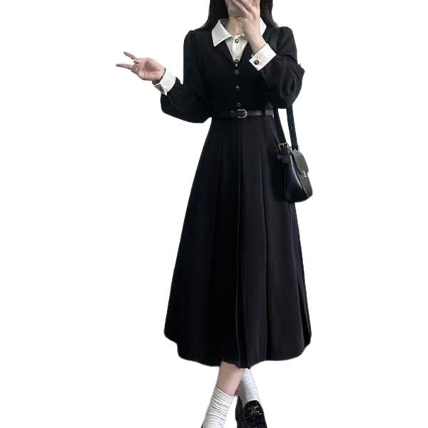 French Retro Temperament Waist Black Fake Two-piece Long-sleeved Dress College Style Thin Medium and Long Hepburn Style Skirt
