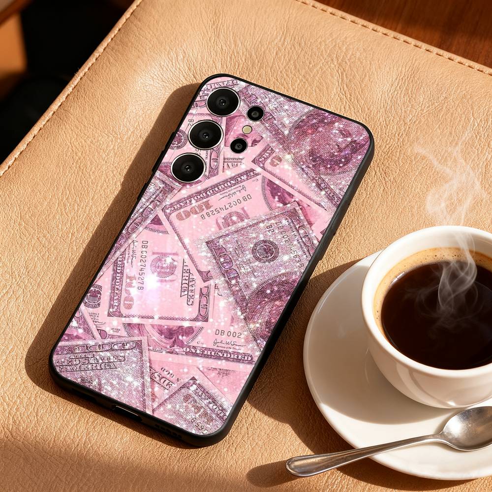 P-Pink D-Dollars Banknote Phone Case For Samsung S25,S24,S21,S22,S23,S30,Ultra,S20,FE,Lite,10,9,Black Cover