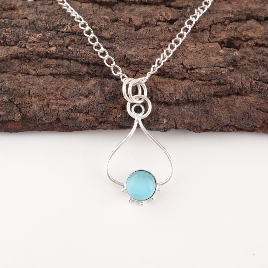 Natural Blue Cat's Eye Gemstone 925 Sterling Silver Jewelry Handcrafted Pendant PP-40-46
