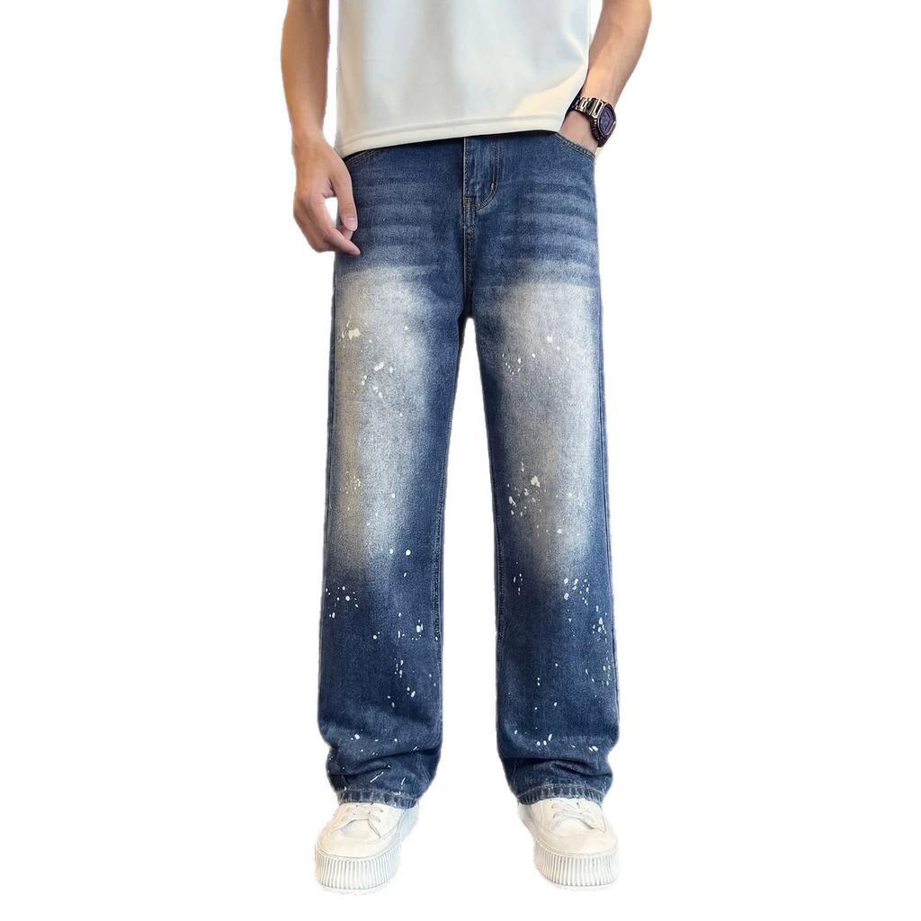 Summer Trendy Brand Blue Jeans Men's Personalized Bamboo Pattern Wide-leg Pants New Casual Ruffian Handsome Inkjet Men's Pants
