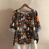 Camicia alla moda e casual da donna a maniche corte con scollo rotondo e stampa, blusa top in cotone e lino