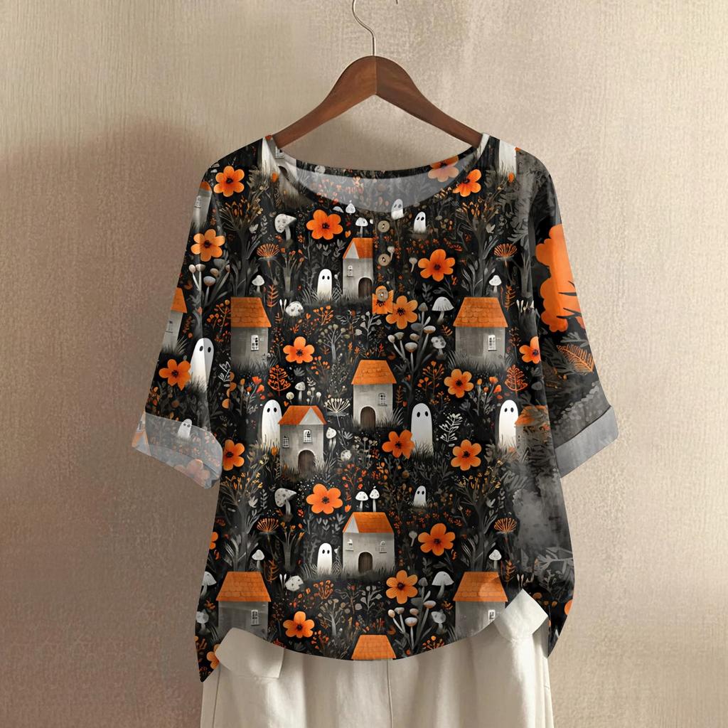 Camicia alla moda e casual da donna a maniche corte con scollo rotondo e stampa, blusa top in cotone e lino