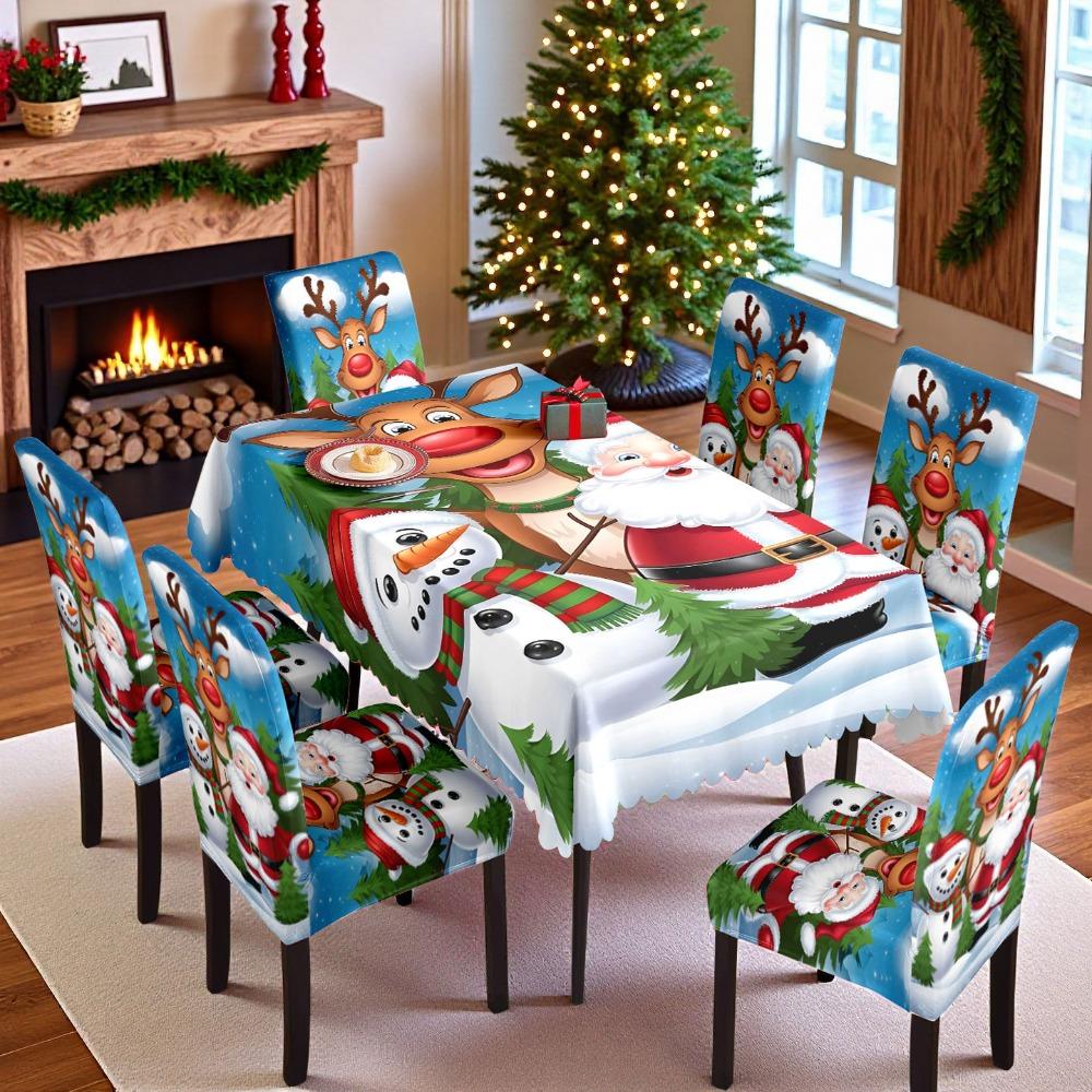 Christmas Santa Print Waterproof Polyester Tablecloth and Chair Covers Set for Dining Room