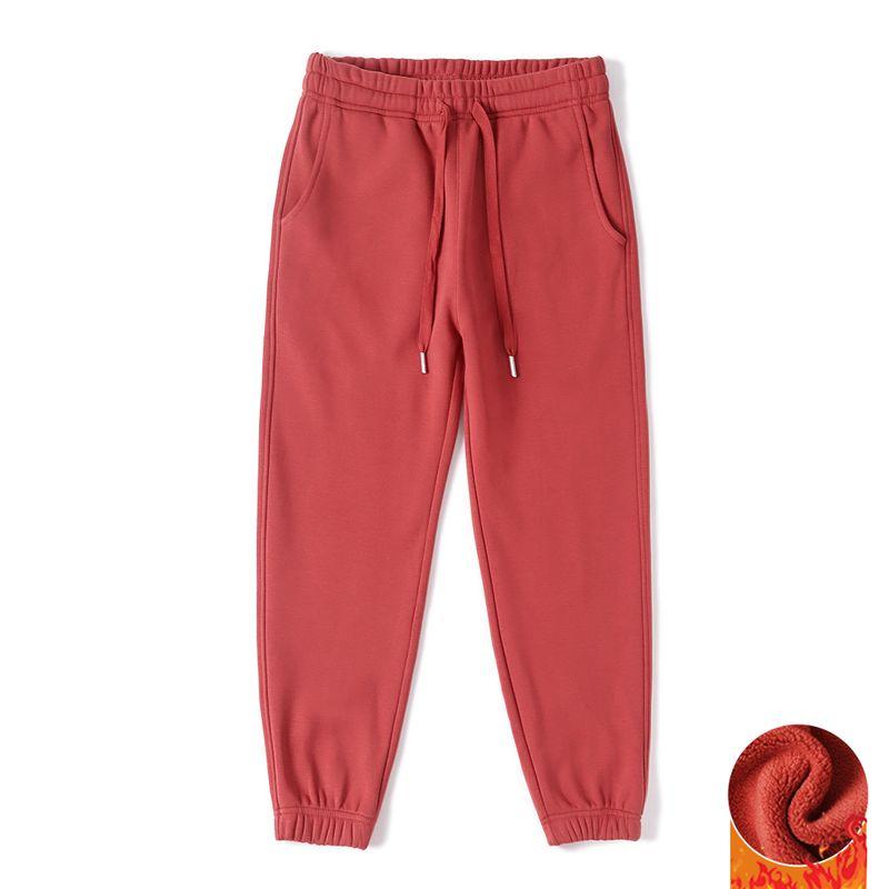 Spring Red Pure Cotton Casual Female Winter Fleece-Lined Track Pants