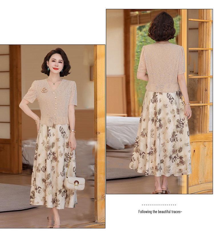 2025 Summer Slimming Short-Sleeve Midi Dress for Middle-Aged & Elderly Women