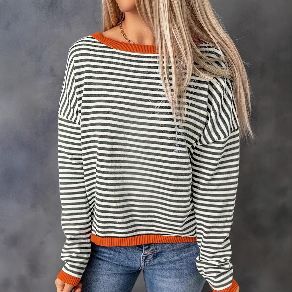 Europe, America 1116 autumn and winter new women's clothing women's crew neck striped contrasting long-sleeved top