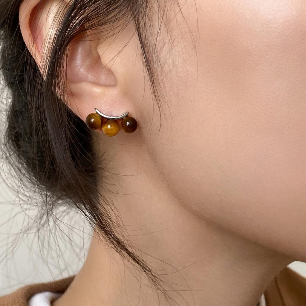 French smile brackets 925 silver needle curvature geometric natural tiger's eye stone stud earrings simple