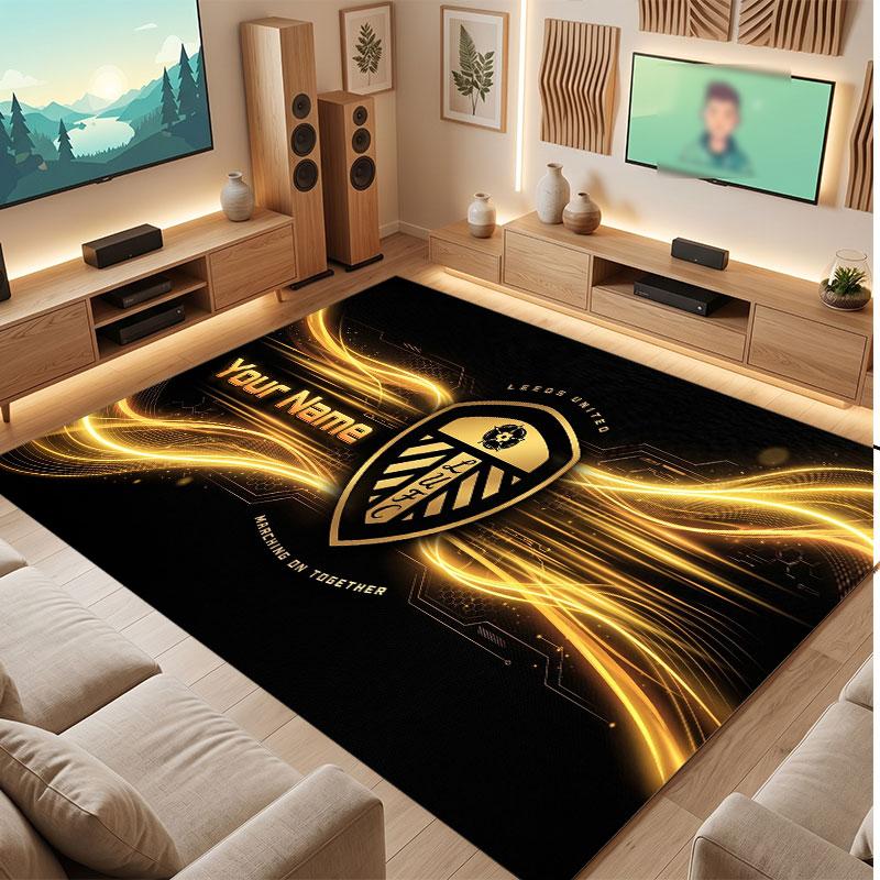 Leeds United Custom Crystal Velvet Rug, Personalized Name Text Print, Football Logo Soft Non‑Slip Floor Mat Home Decor Gift