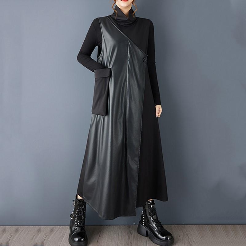 

без рукавов большого размера ПУ пэчворк винтажное черное новинка в платьях для женщин повседневное свободное длинное весенне-осеннее платье