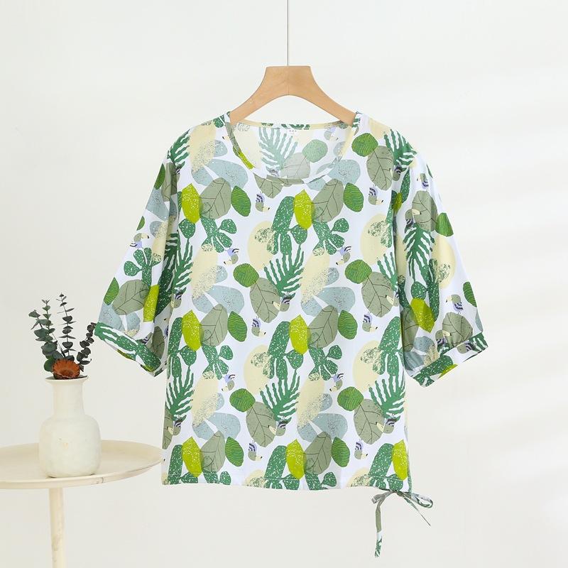 Mid-sleeved T-shirt, Sweet Floral Print, Stylish Drawstring Top, Summer Thin Plus-size Pullover