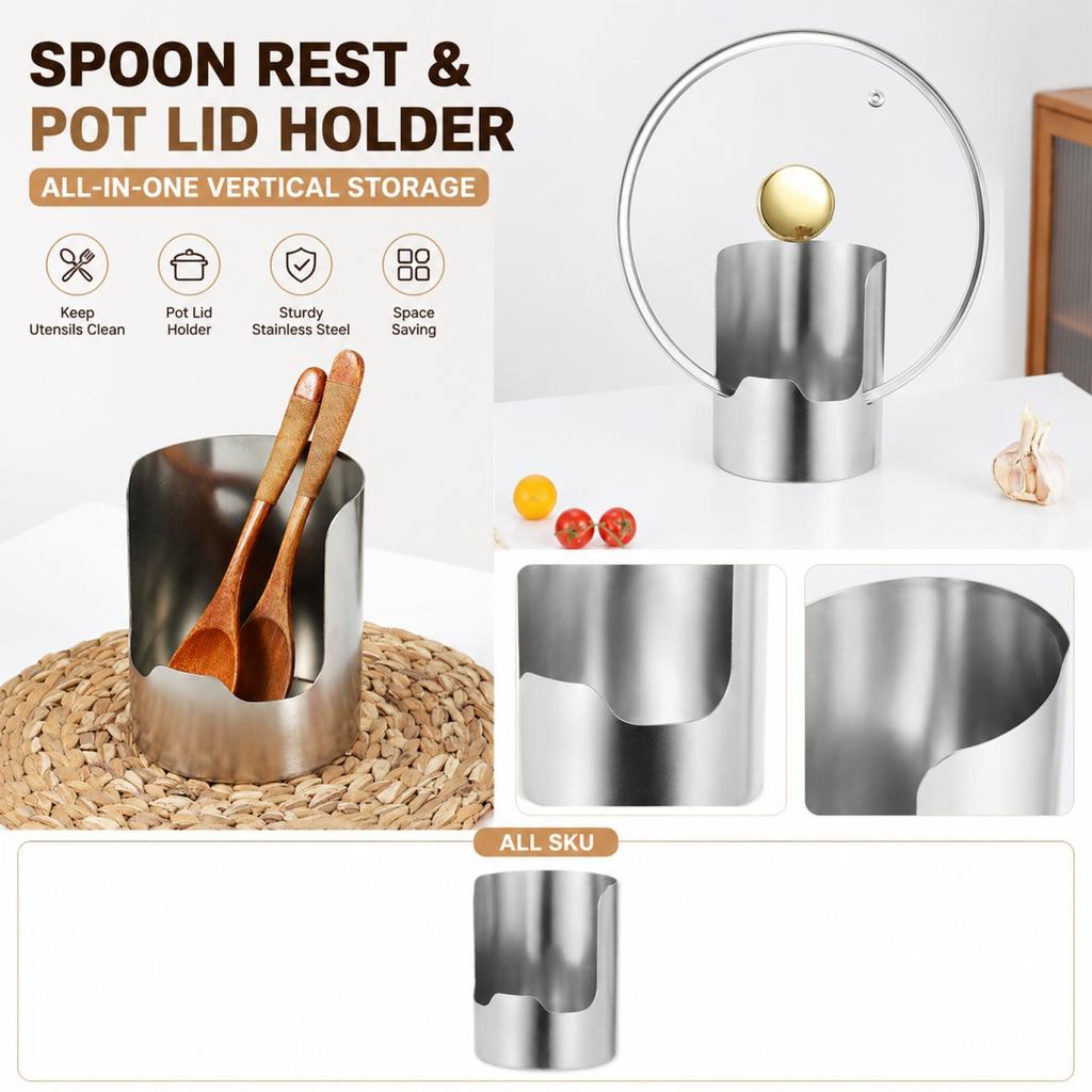 Stainless Steel Spoon Holder and Lid Stand Integrated Vertical Kitchen Utensil Organizer for Countertop Storage and Space Saving