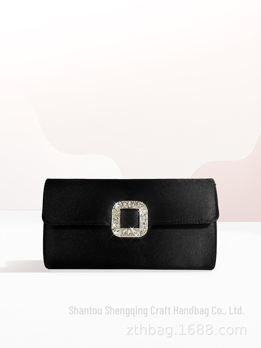 

Атласная вечерняя сумочка с квадратной пряжкой из сплава и стразами – элегантная женская свадебная и повседневная сумочка чёрный