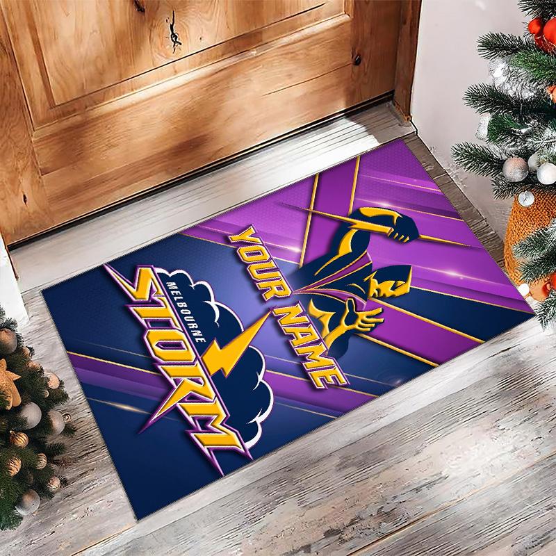 Melbourne Storm Crystal Velvet Rug, Custom Name Text Personalized Non‑Slip Floor Mat for Home Decor Gift