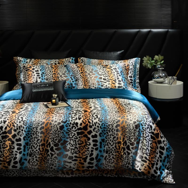 Luxury High-end Silk Leopard Print Bedding Set Soft Silk Satin Queen King Duvet Cover Sheet or Fitted Sheet Combination Set Gift