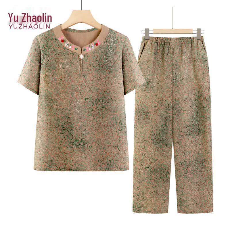 YUZHAOLIN Elderly Women s Summer Short-Sleeved Two-Piece Set XL