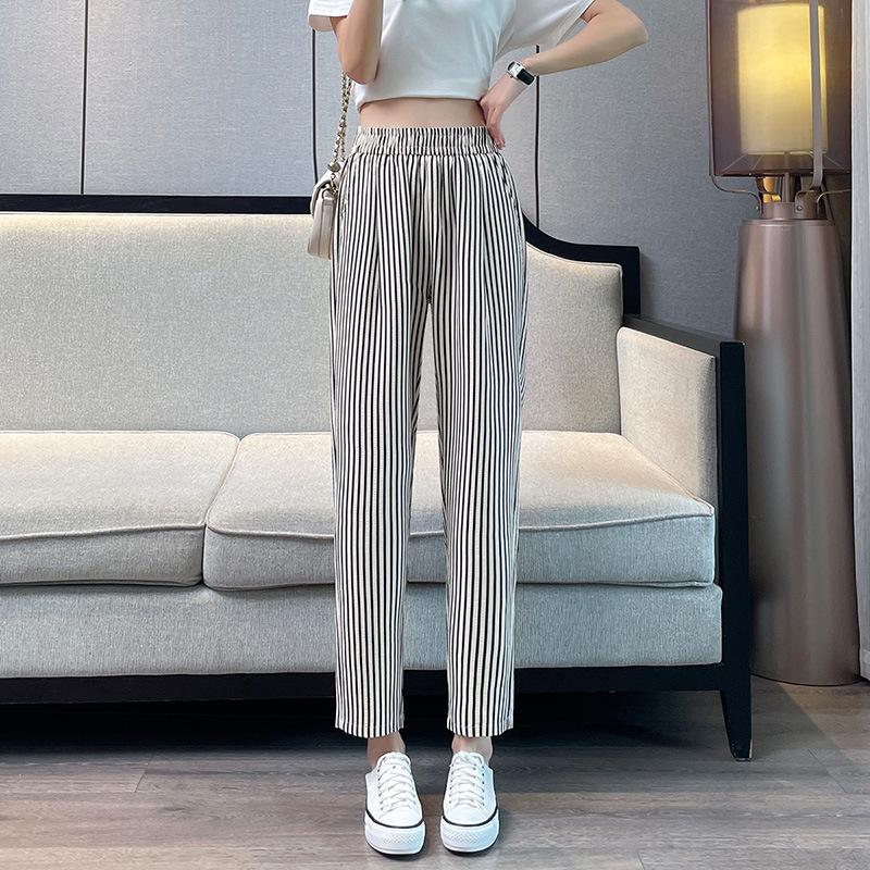 

Женские повседневные вертикальные полосатые удобные дышащие эластичные повседневные зауженные укороченные брюки с карманами M чёрный