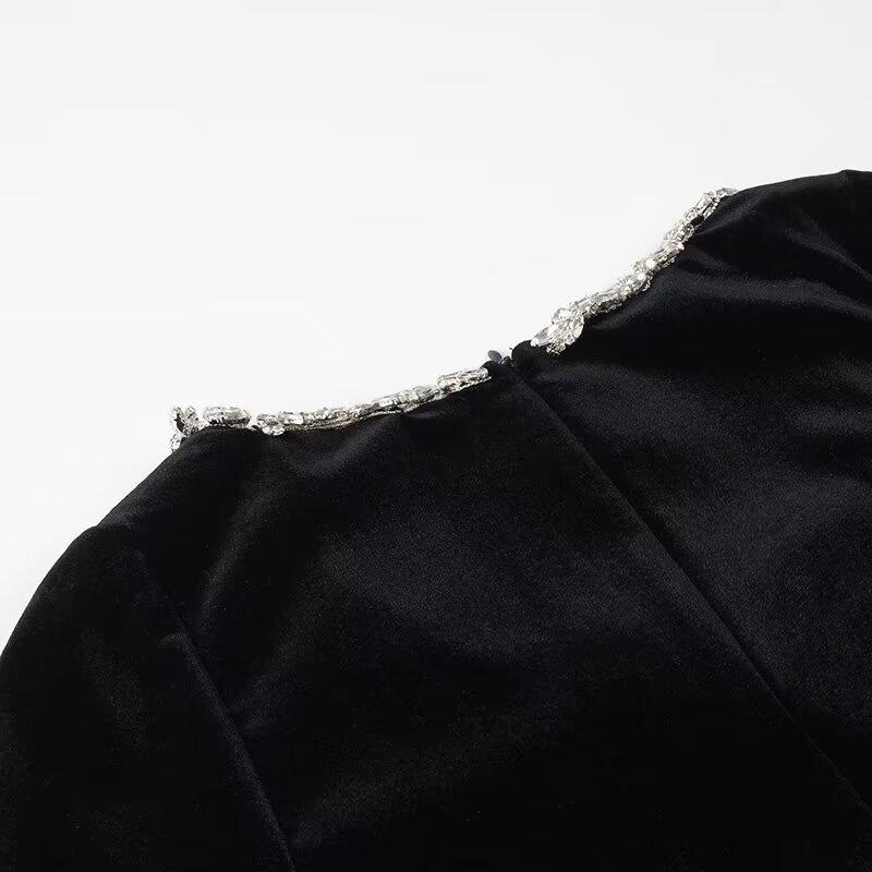 Women's Elegant Beaded Velvet Square Neck Rhinestone Long Sleeve Dress – Winter Formal/ New Year’s Dress