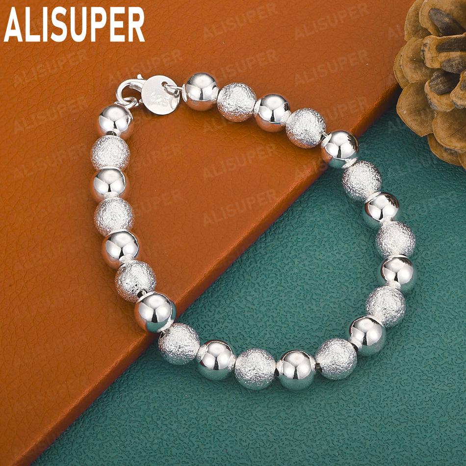 925 Sterling Silver 8mm Polished Beads Antique Bead Side Chain Exquisite Bracelet Gift Jewelry 20CM
