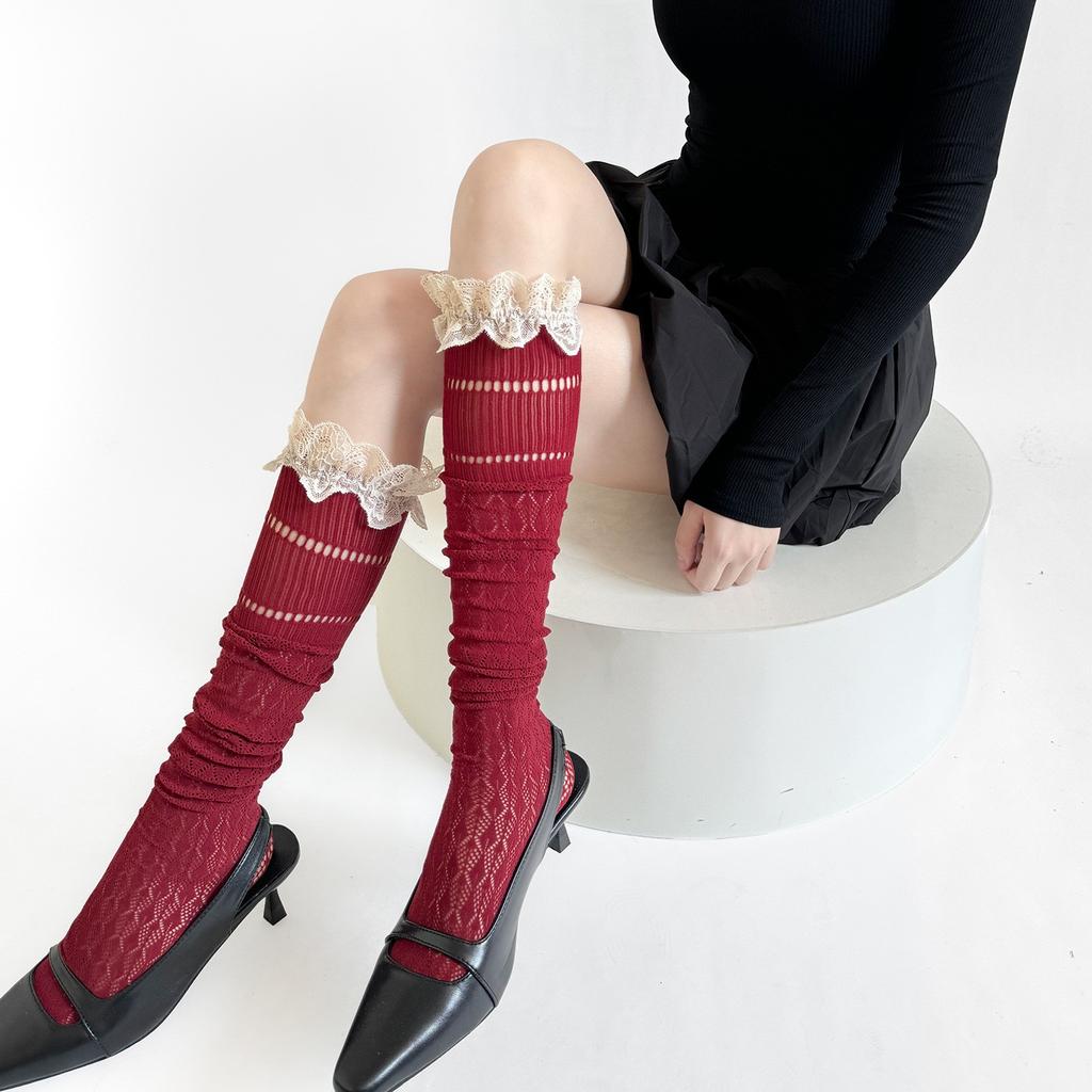 Japanese- Retro Lace-trimmed, Hollowed-out Diamond-shaped Checkered Knee-high Socks For Women's Summer, Thin And Beautiful Leg Socks For The Calves.