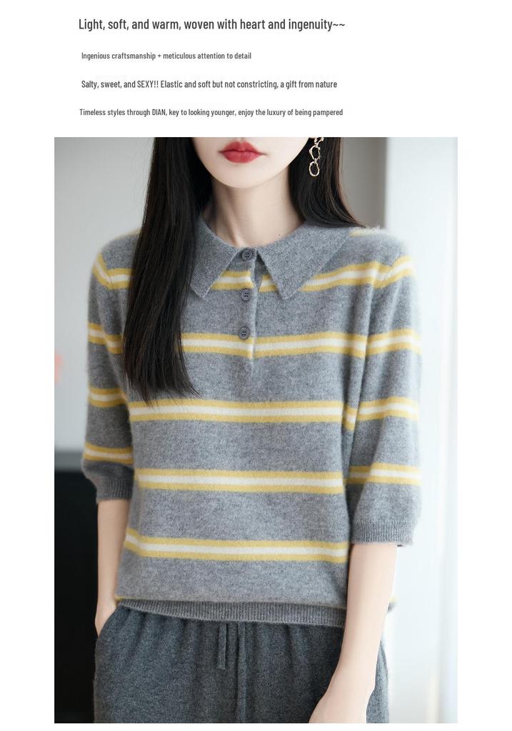 100% Pure Wool Women's Striped Color Block Lapel Knit T-shirt, Loose Five-Sleeve Base Layer Sweater
