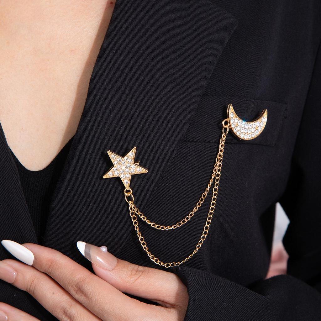 Trendy Rhinestone Moon & Pentagram Brooch for Suits