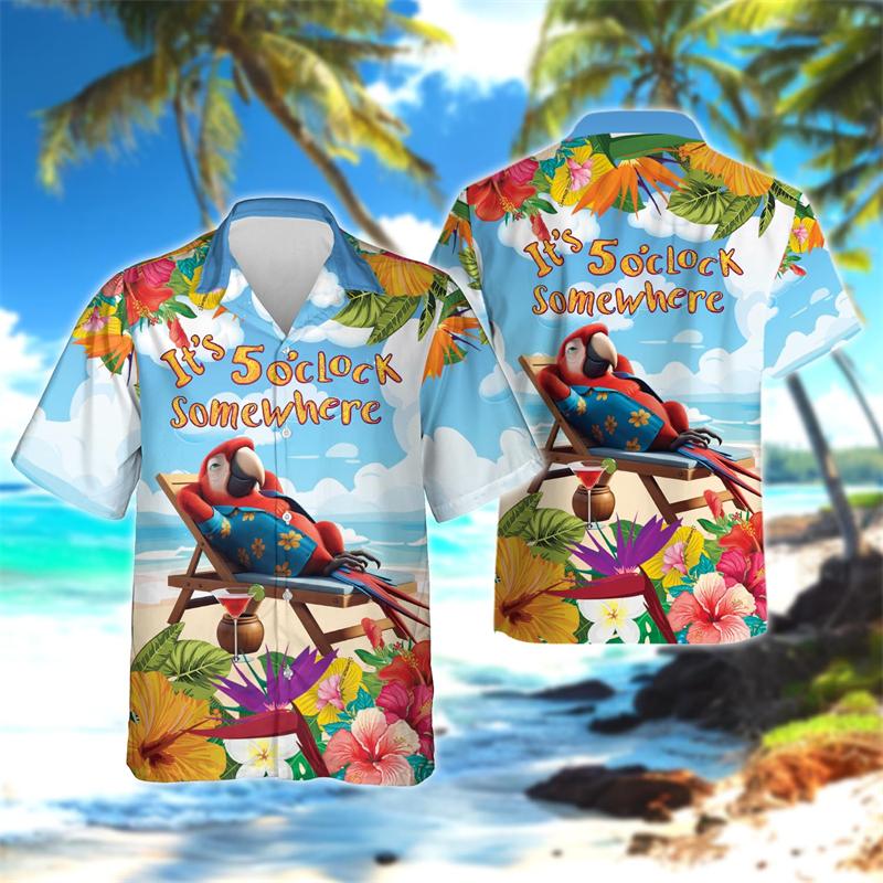 It's 5 O'clock Somewhere Party Graphic Beach Shirts Cold Wine Parrot Shirt For Men Clothes Cute Husky
