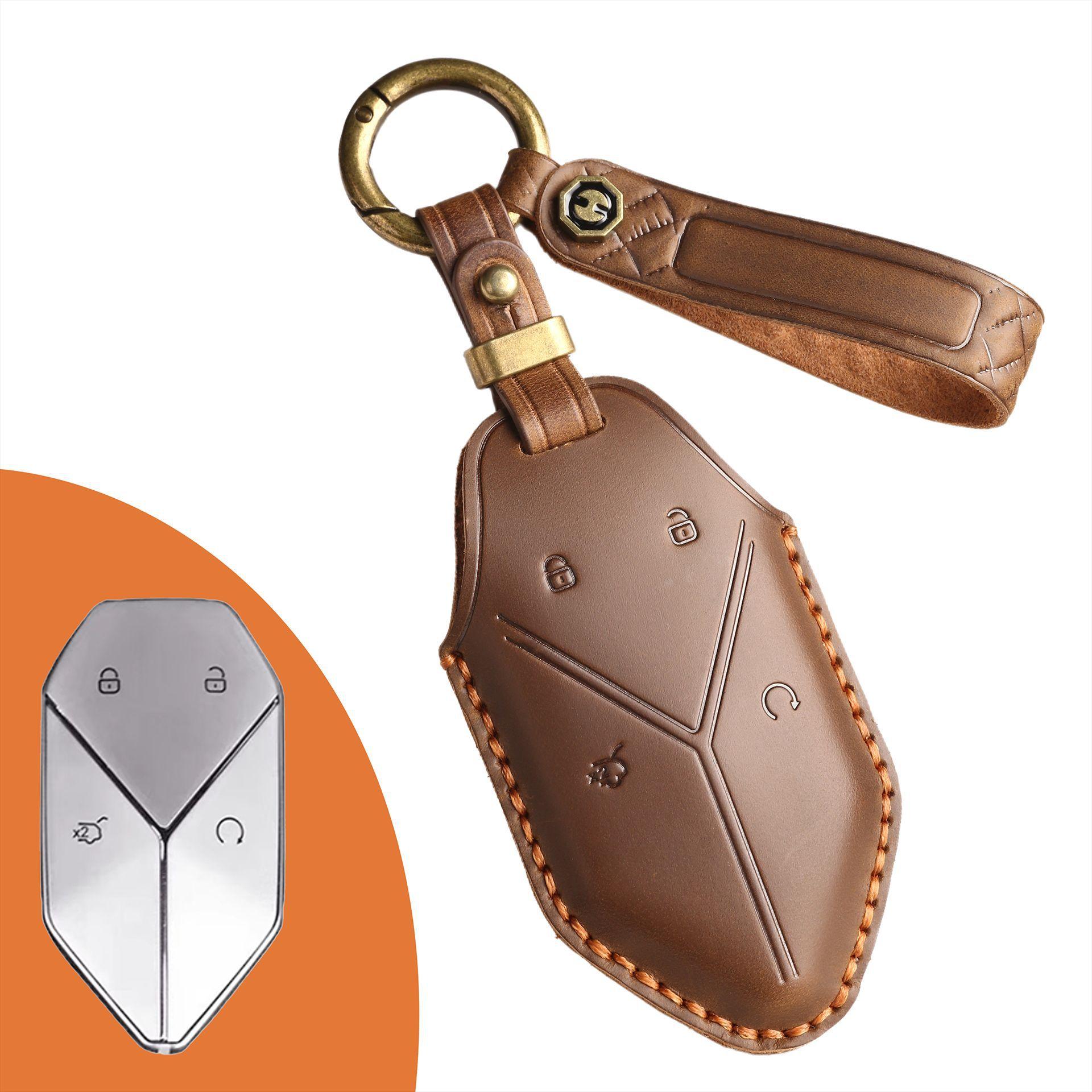 

New retro key cover, suitable for equation leopard 5 special all-inclusive key protective cover, handmade leather key bag chain. коричневий