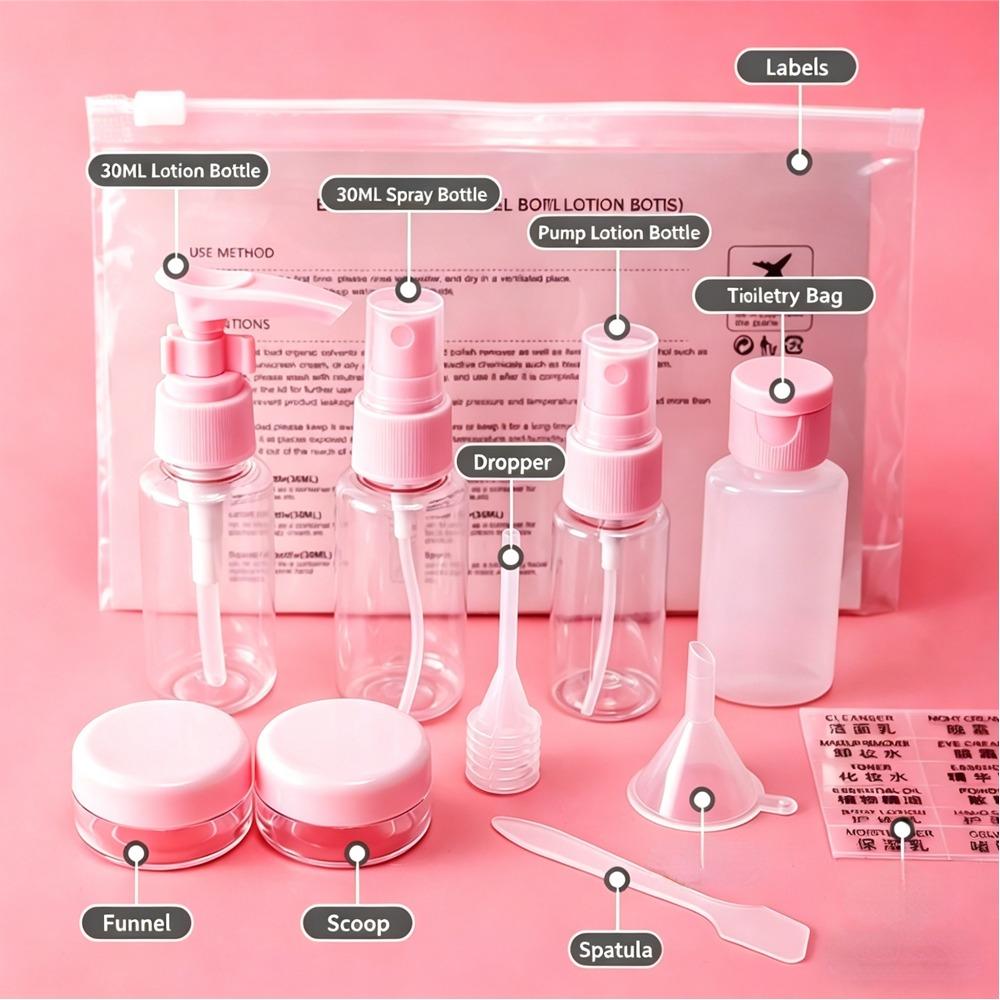 11pcs Portable Travel Refillable Bottles Set Leakproof Empty Cosmetic Container for Shampoo Shower Gel Lotion Body Wash Spray