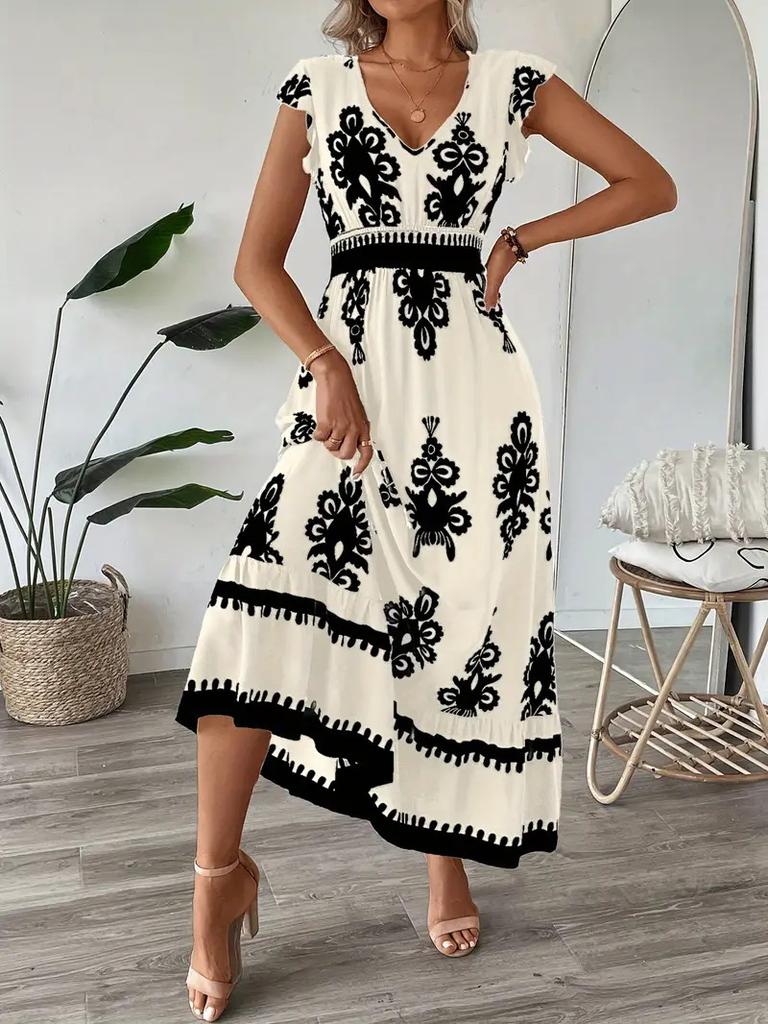 Women's Summer Ruffled Sleeves V-neck Waist-hugging Long Dress