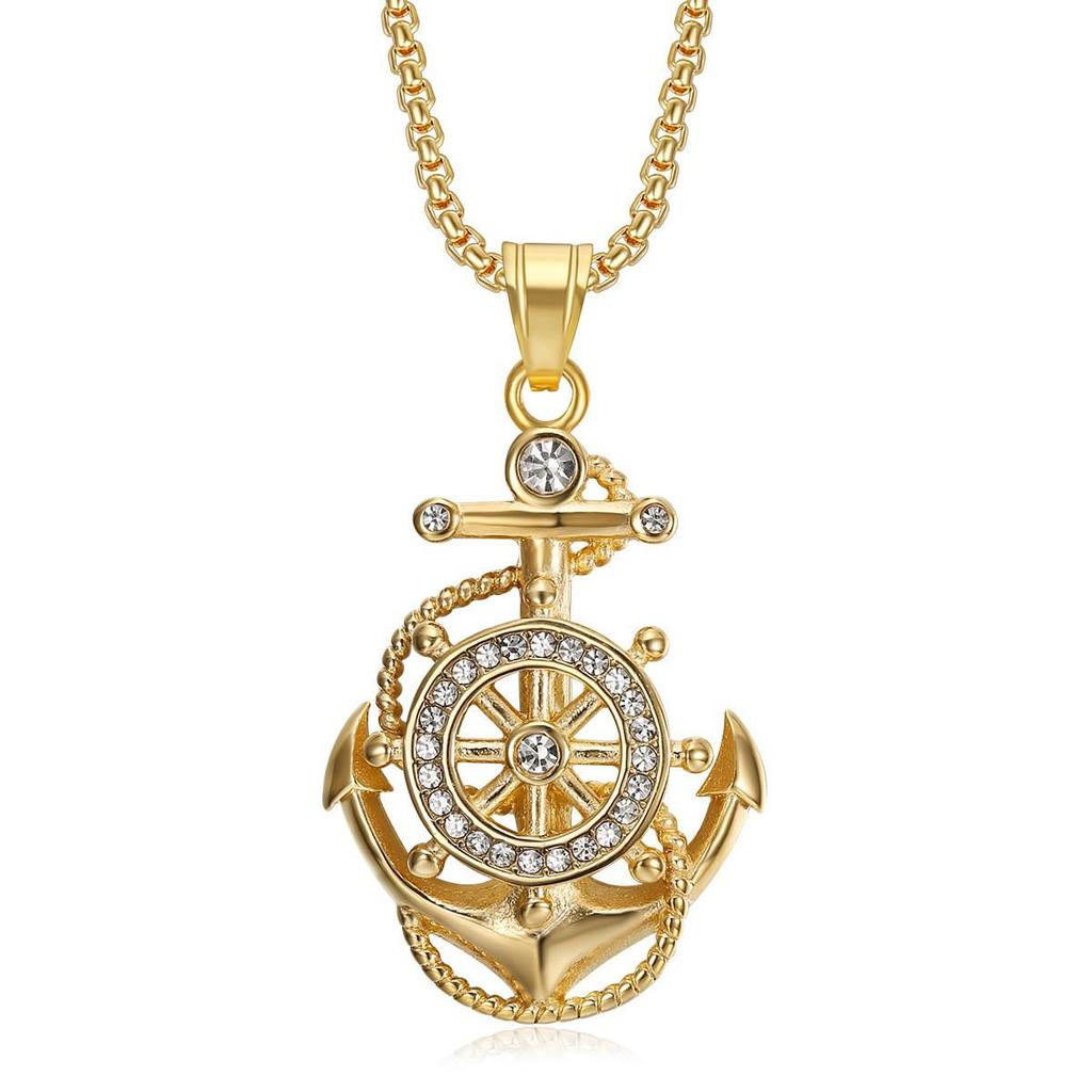 European & American Style Hip Hop Metal Alloy Rhinestone Anchor Pendant Necklace