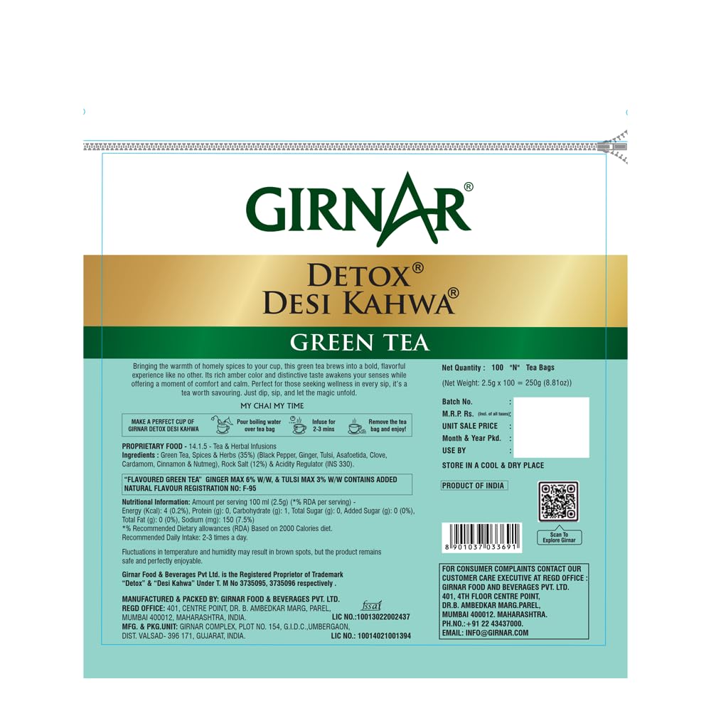 Girnar Entgiftender Grüner Tee Desi Kahwa 100 Teebeutel mit Kräutergewürzen zur Entspannung & Täglichen Erfrischung