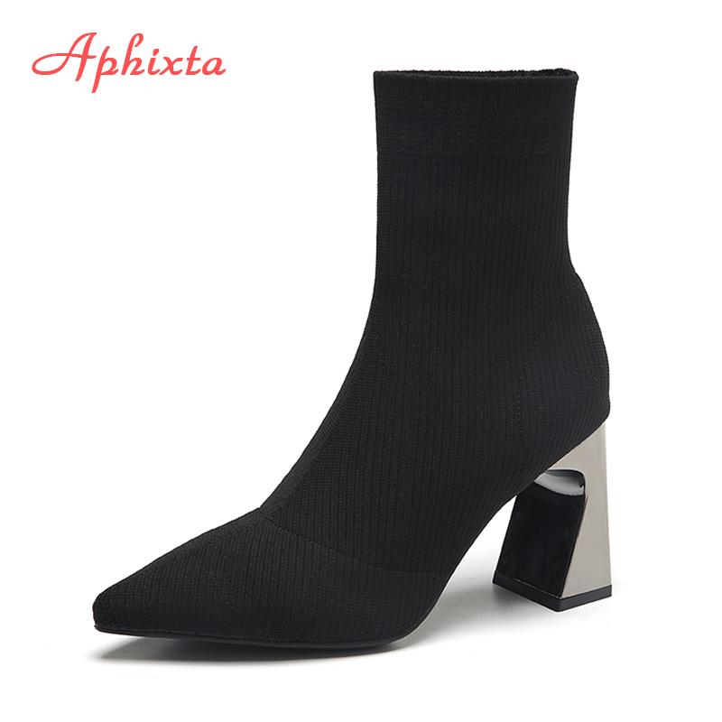 Fashion Aphixta Metal Blade Heels Socks Boots Women Stretch Fabric Elastic Stilettos Heel Pointed Toe Ankle Boots Shoes Woman Boats