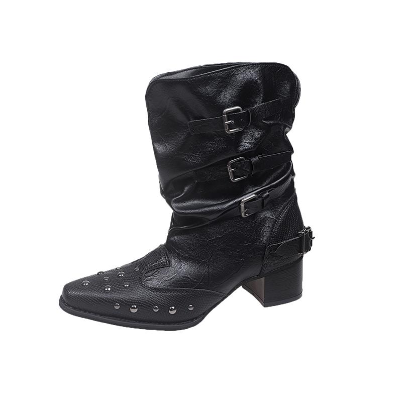 Fashion 2025 New Long-Tube Boots Women's Pointed Toe Block Heel Studded Knight Boots