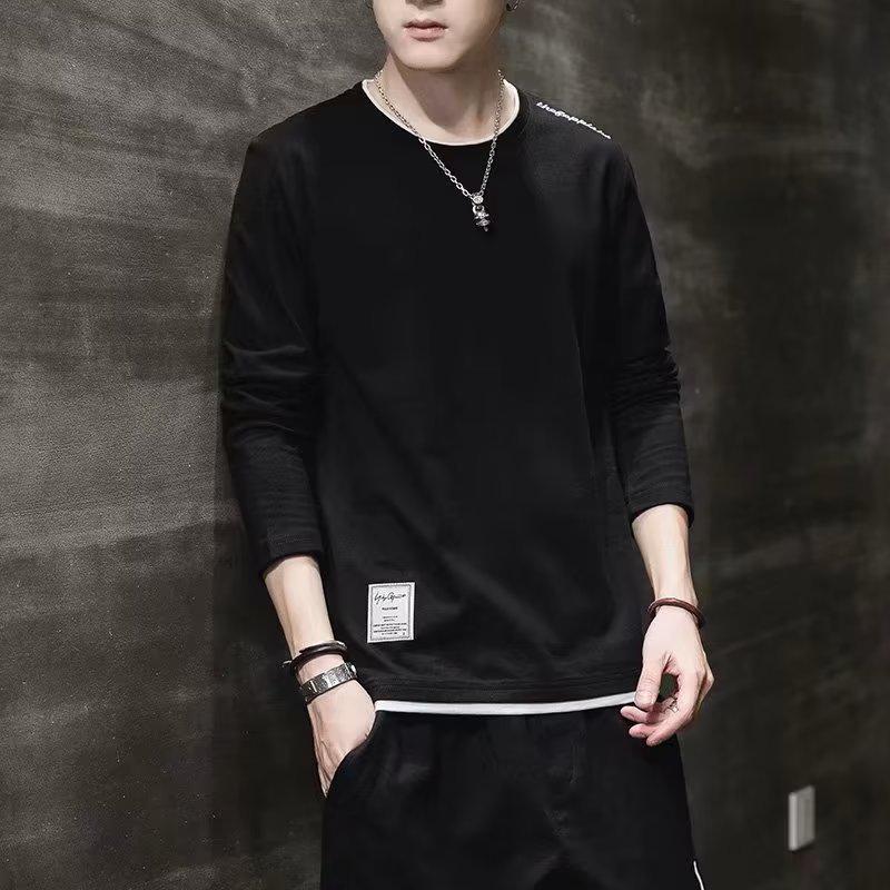 

Мужская свободная футболка с длинным рукавом 2023: Легкий, большого размера, повседневный круглый вырез для весны и осени L чёрный