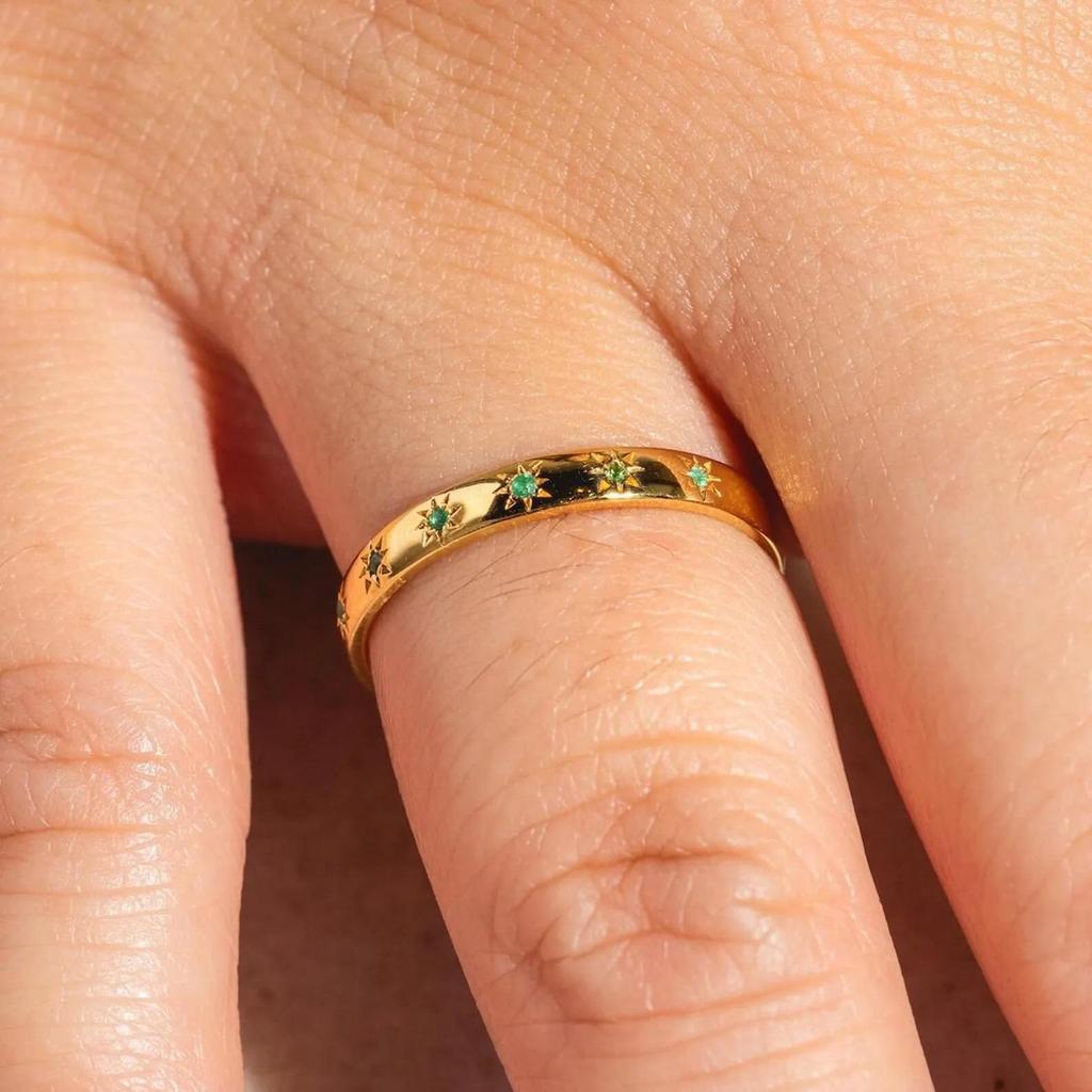 Emerald Star Wedding Band: Vintage Yellow Gold Plated Stacking Ring: 925 Sterling Silver Ring: Art Deco Bridal Wedding Jewelry Gift For Her