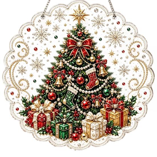 Holiday Window Hanging Decor Christmas Faux Pearl Painting Suncatcher Kit, 3D Nativity/Santa Claus/Bird/Tree Creative Handcrafts Beads Art Craft,