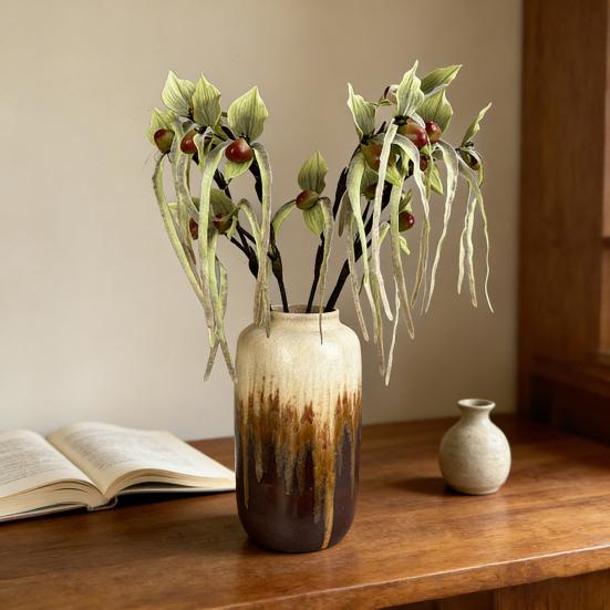 Artificial Flower Paphiopedilum Realistic Silk Plastic Petals Flexible Stems Long-Lasting No Watering Fake Orchid Home Decor