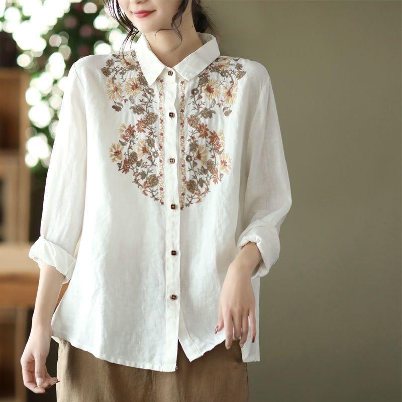 Blouses For Women National Shirt Cotton Linen Shirt Loose Embroidered Blous Laple Long Sleeve Cardigan Top Female Shirts