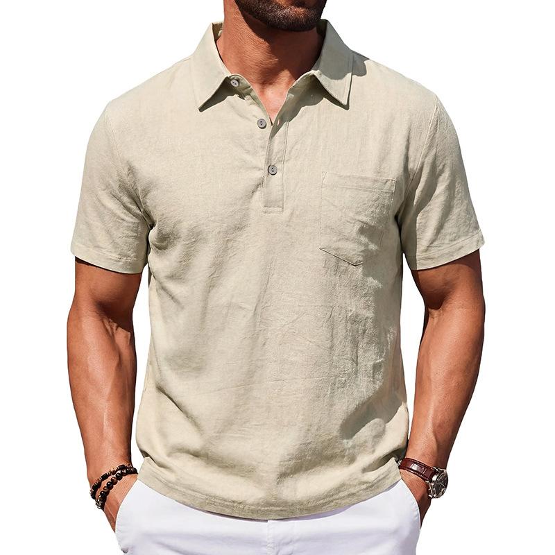 Men Loose Casual Short Sleeve Linen Blend Polo Shirt For Daily Beach Wear