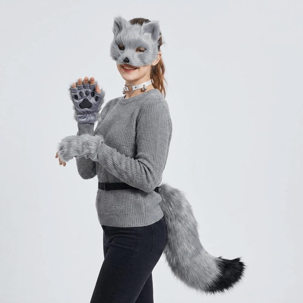 Funny Animal Costume Set Polyester Tail Mask Paw Gloves Full Set Plush Cosplay Mask Masquerade