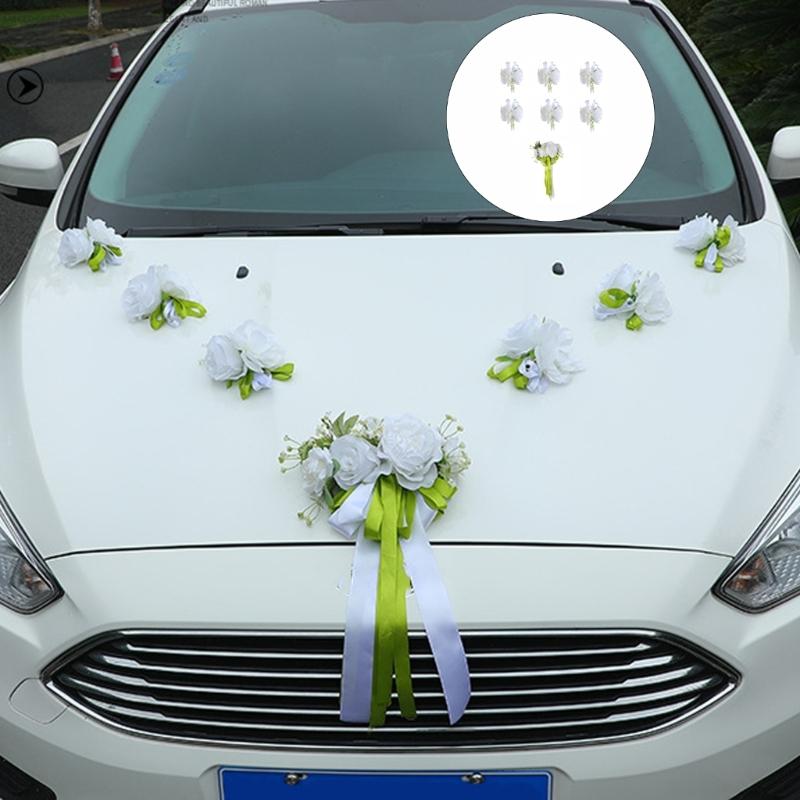 Realistic Faux Floral Arrangement Set For Bridal Vehicle Decoration In White Green Color Scheme