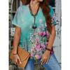 Summer V-neck Flower Pattern 3D Printed Top Fashionable Casual Short Sleeved Plus Size Women's T-shirts